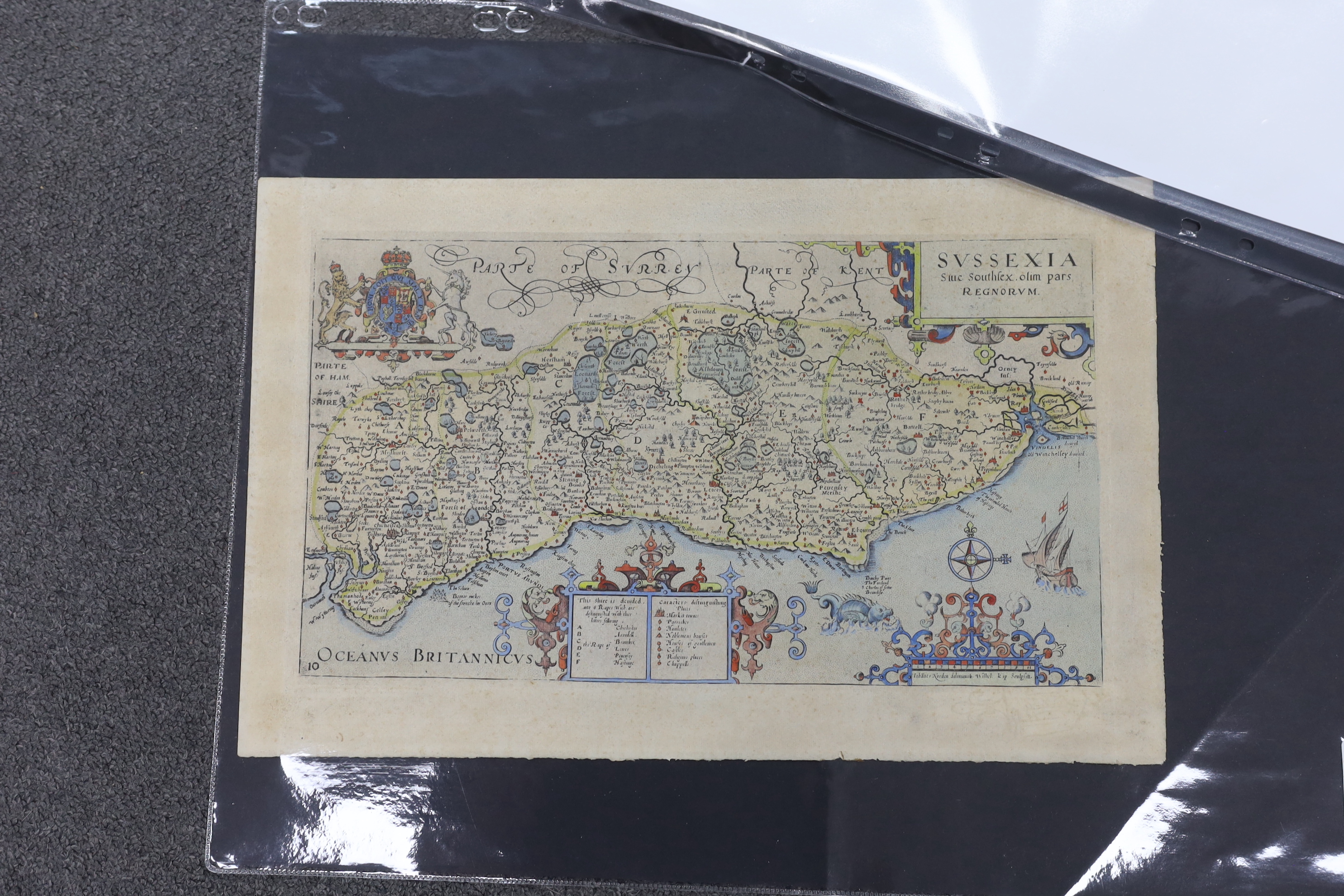 Three unframed 17th century maps of Sussex; Jan Jansson, 40 x 53cm, Robert Morden, 37 x 43cm and Norden & Kip, 29 x 45cm